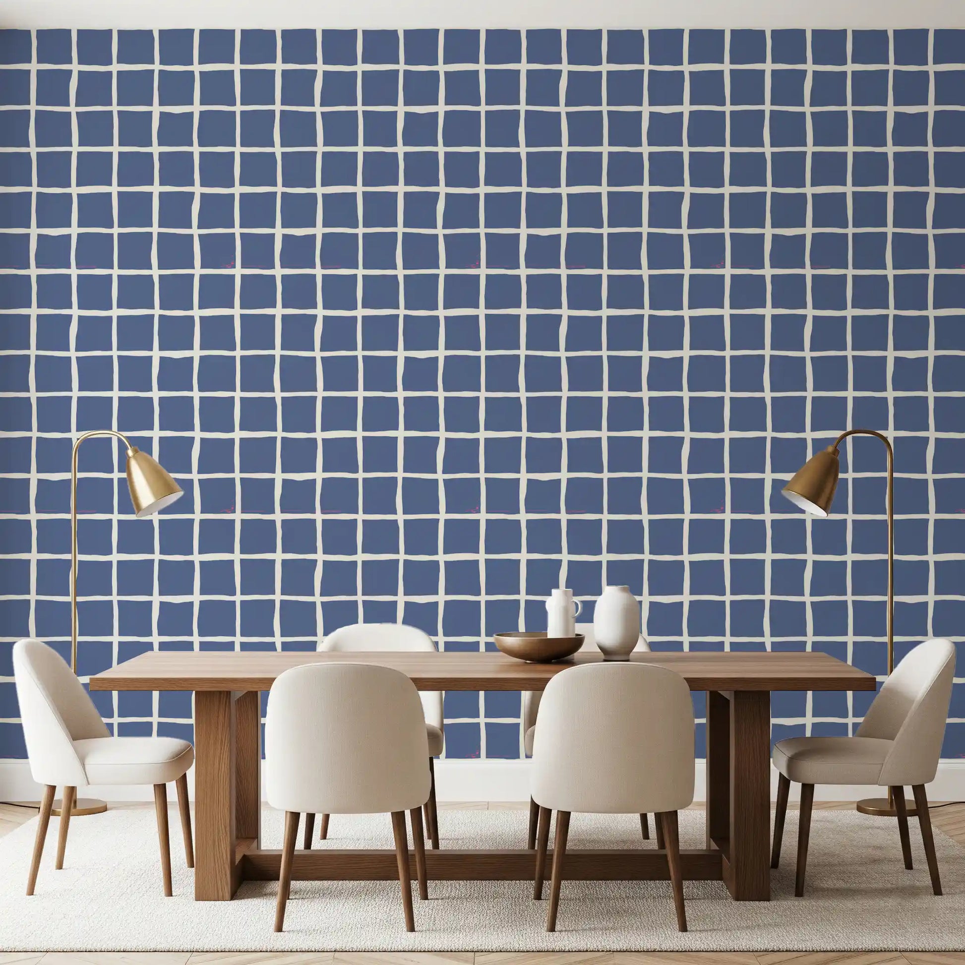 Dusty blue wavy grid wallpaper with cream irregular lines.