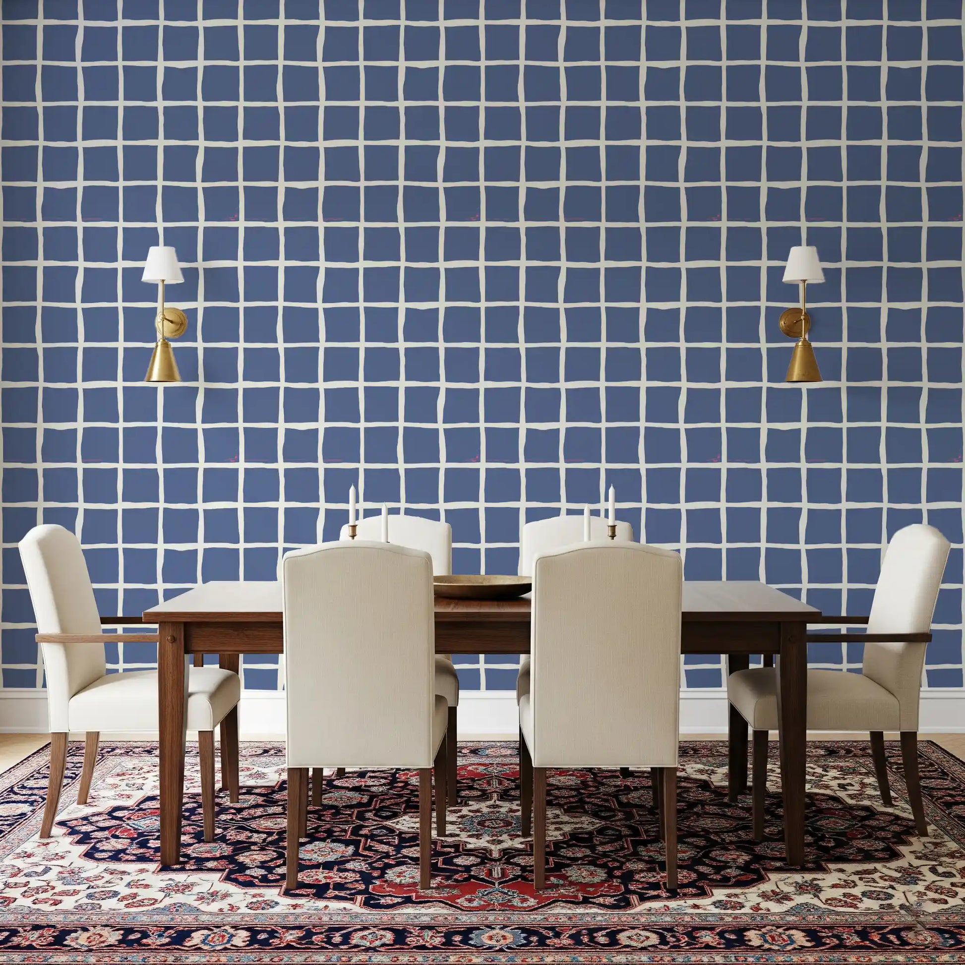 Slate blue and off-white grid pattern wallpaper in dining room.