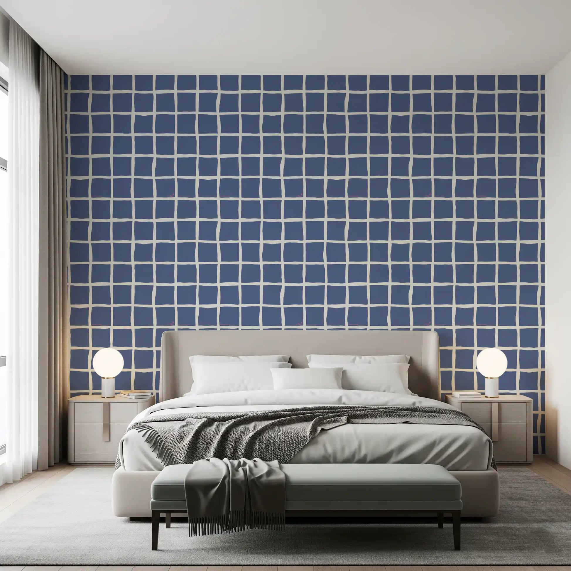 Tonal blue wavy grid wallpaper with organic line spacing in bedroom.