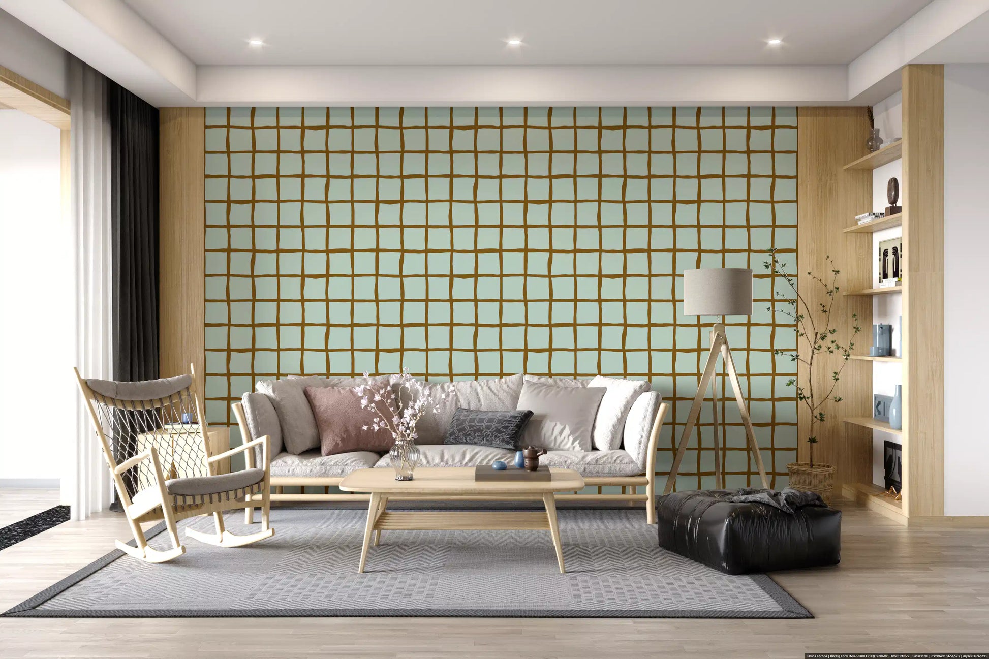 avy ochre brown lines forming irregular grid on sage wallpaper.