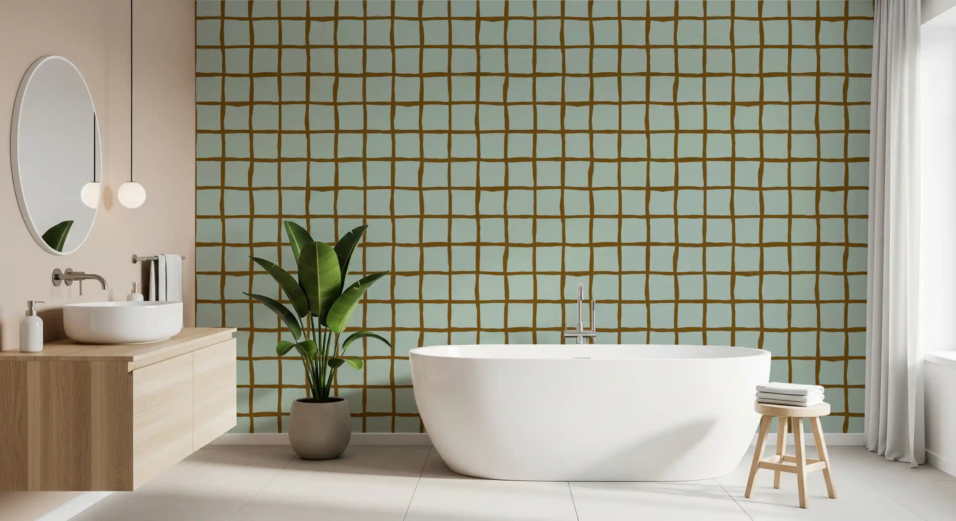Tonal sage green wavy grid wallpaper with warm brown lines in bathroom.