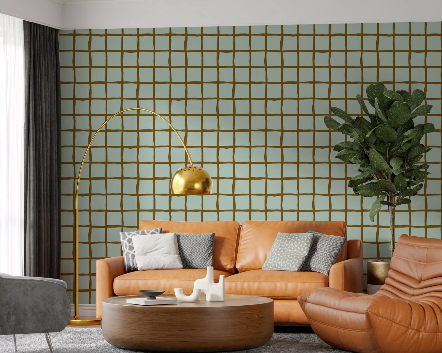 Geometric sage grid wallpaper with organic brown line pattern.