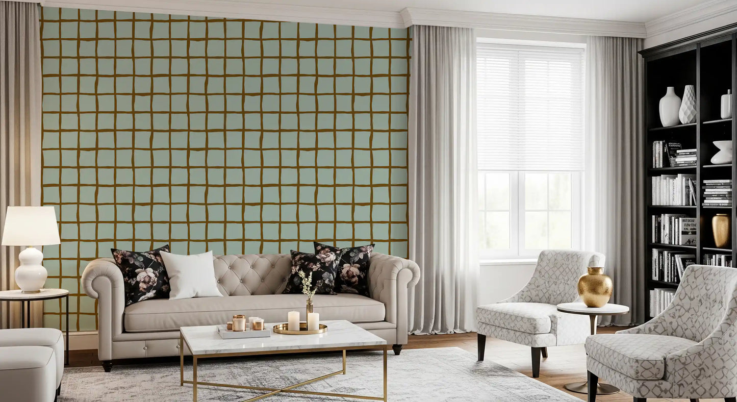 Wallpaper showing soft sage wavy grid pattern with brown lines.