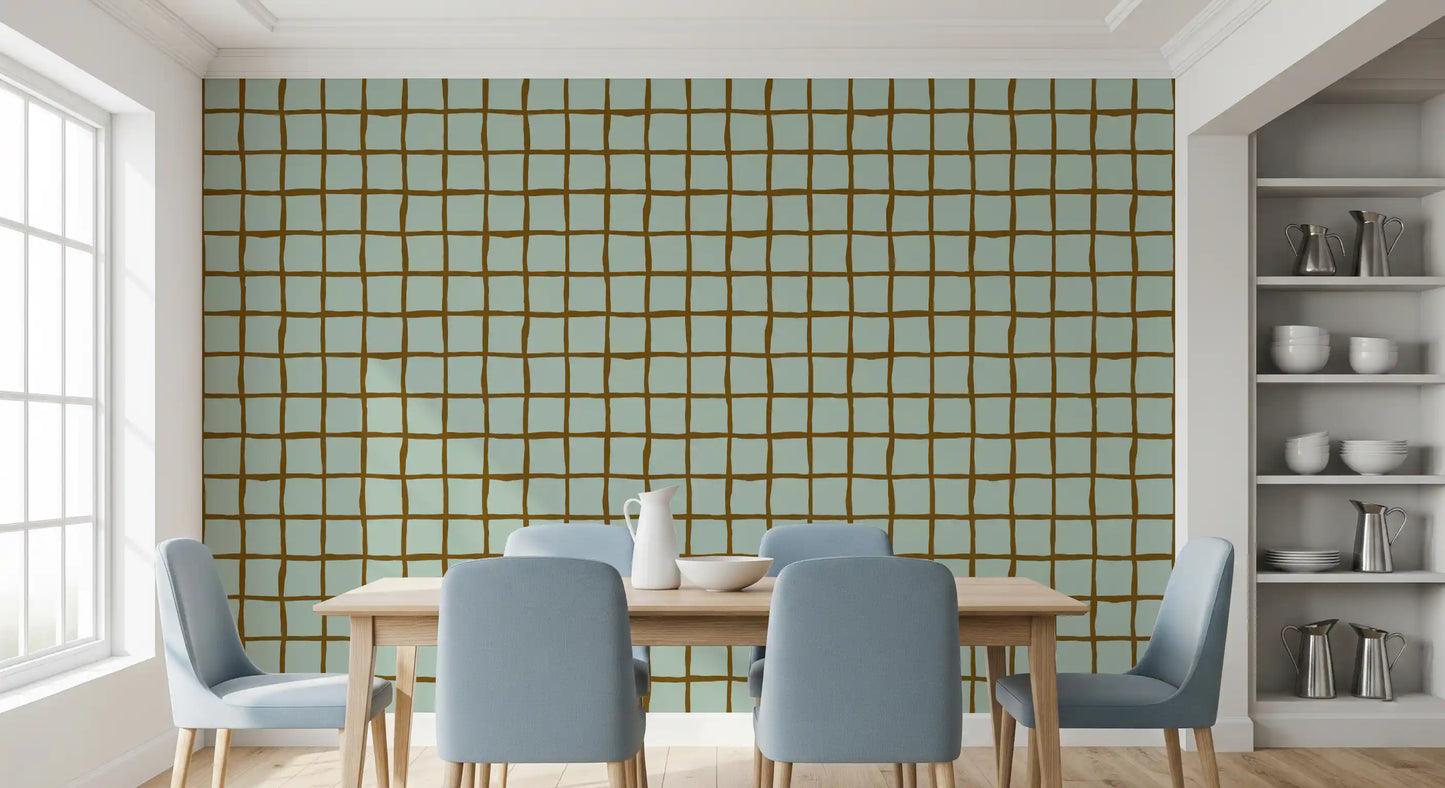 Mid century geometric grid pattern wallpaper in sage and brown for dining room.