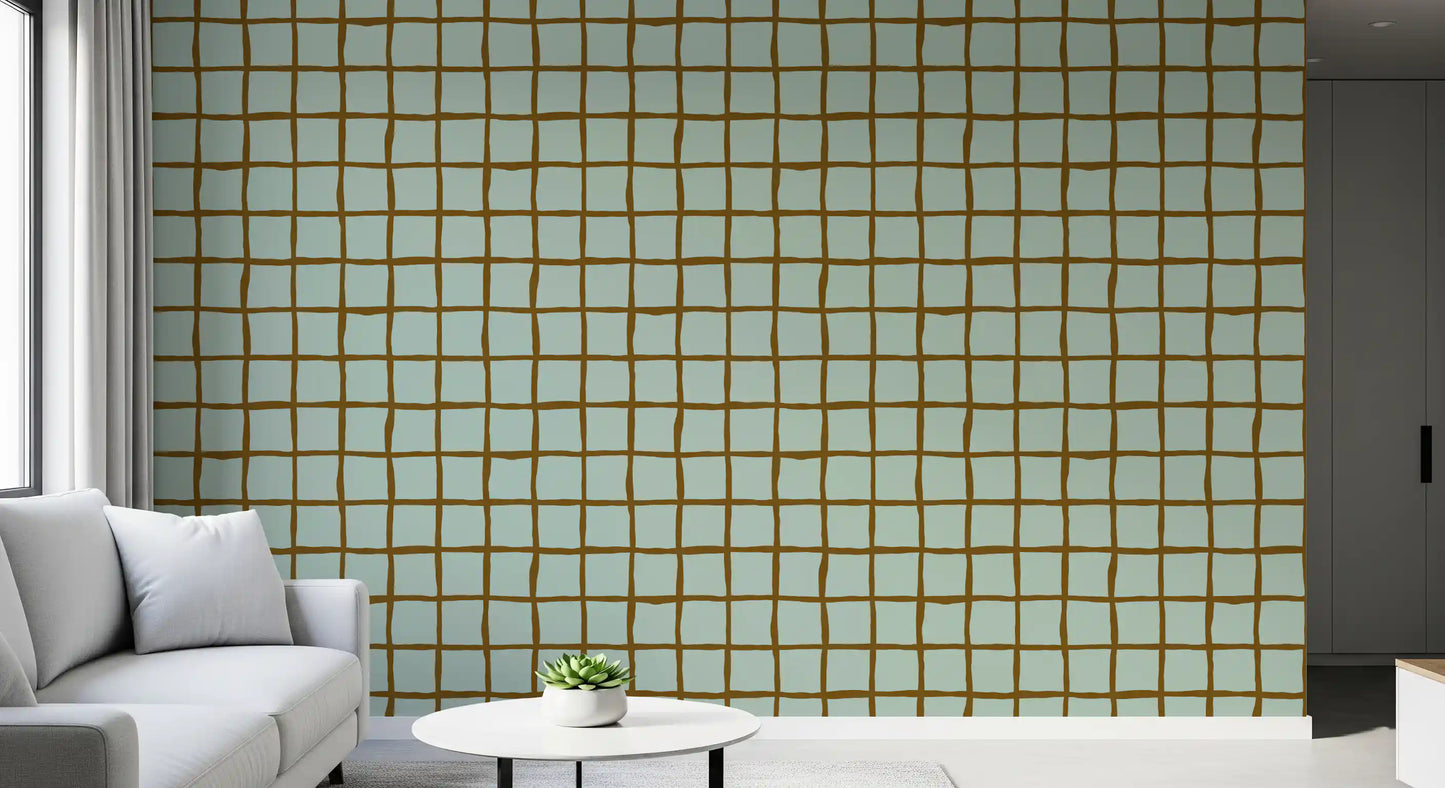 Mid century wallpaper with freeform grid in sage and ochre.