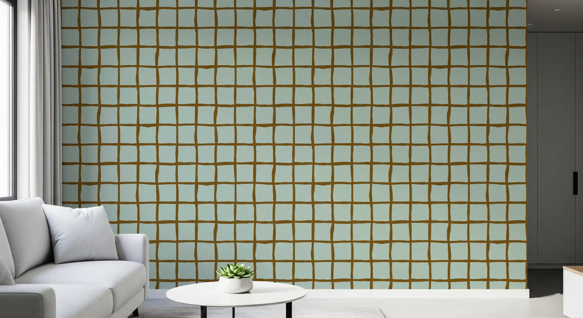Mid century wallpaper with freeform grid in sage and ochre.