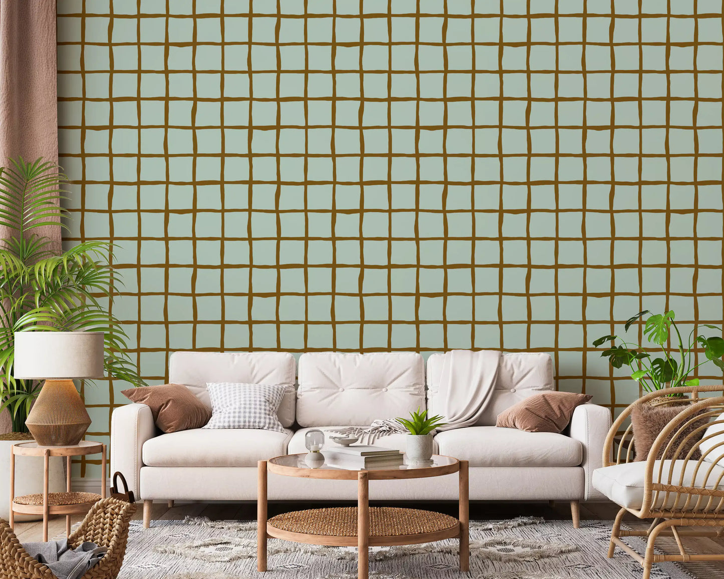 Mid century sage and brown grid wallpaper in a living room.