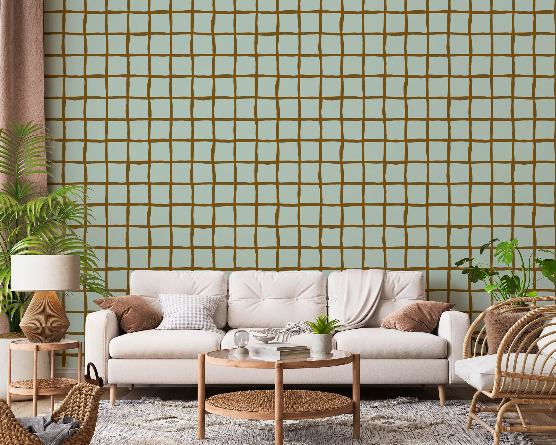 Mid century sage and brown grid wallpaper in a living room.