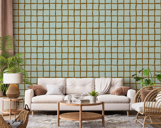Mid century sage and brown grid wallpaper in a living room., GD10576