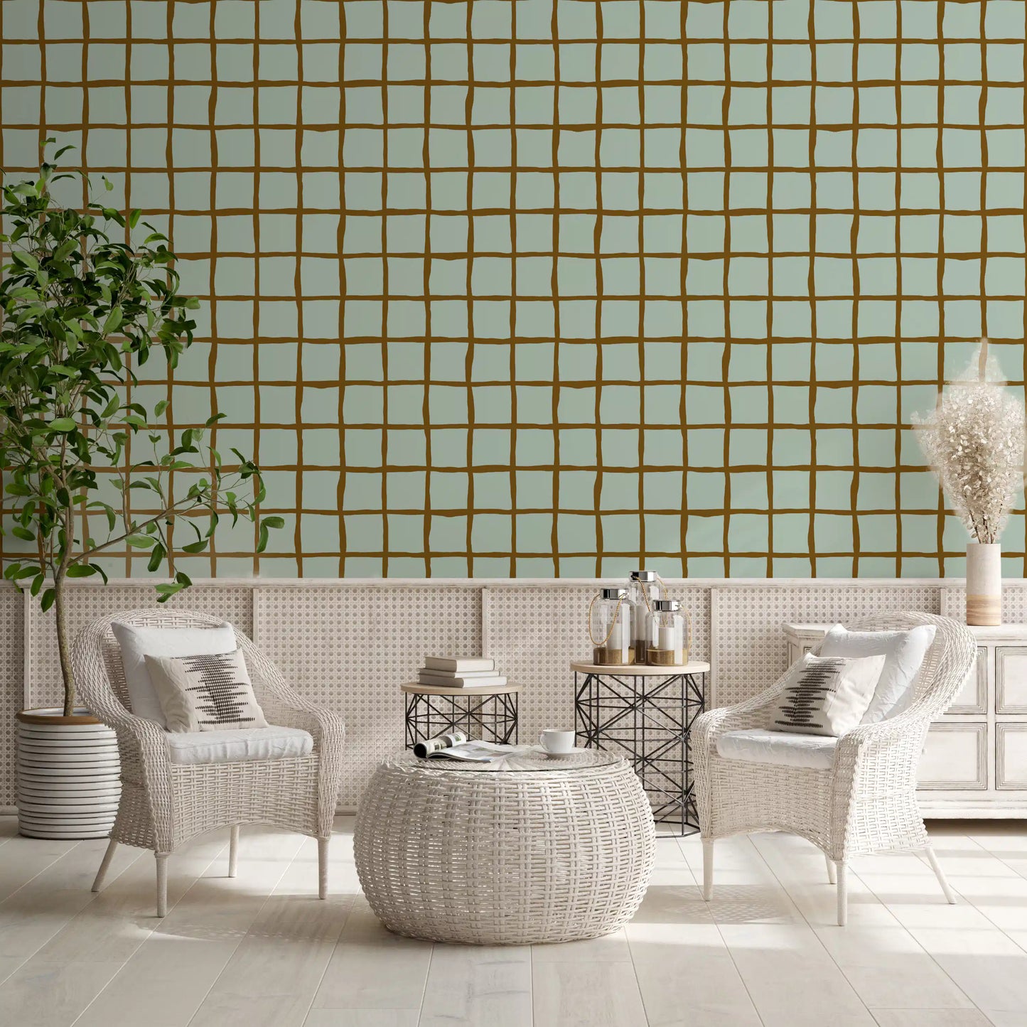 Brown wavy lines on muted sage green background wallpaper.