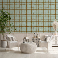 Brown wavy lines on muted sage green background wallpaper.