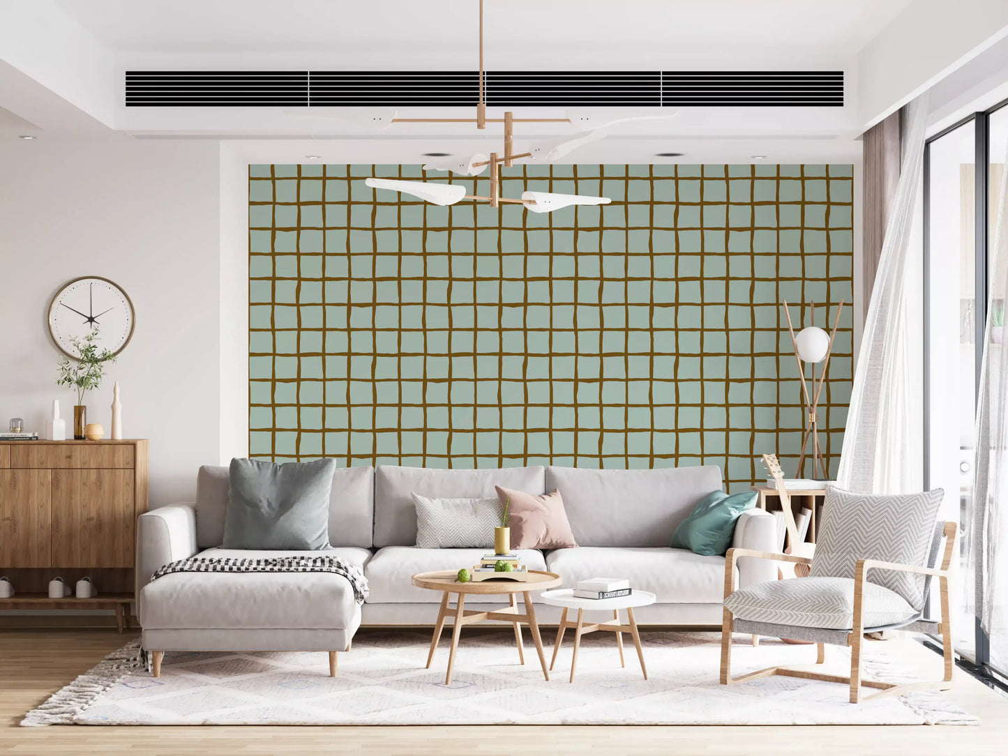 Light sage and brown grid pattern wallpaper with uneven squares.