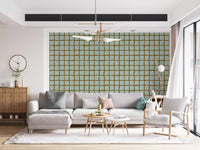 Light sage and brown grid pattern wallpaper with uneven squares.