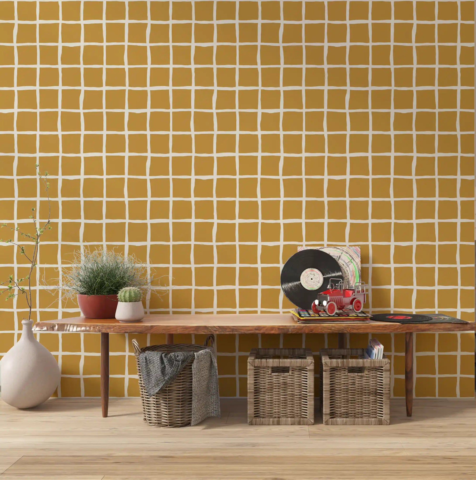 Mustard yellow wavy grid wallpaper in a retro hallway space., GD10577