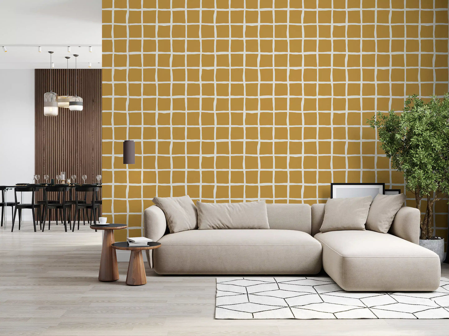 Mid century mustard grid pattern wallpaper in a living room space. 