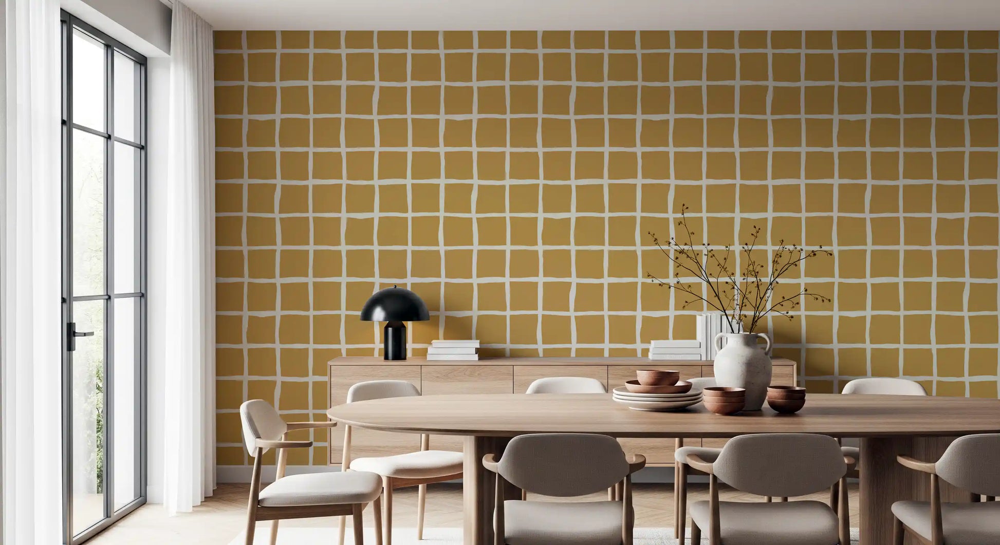 Wavy cream lines forming irregular grid on mustard wallpaper.