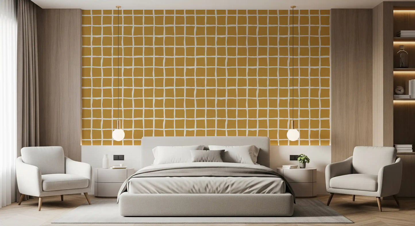 Golden mustard and off-white grid pattern wallpaper for master bedroom.