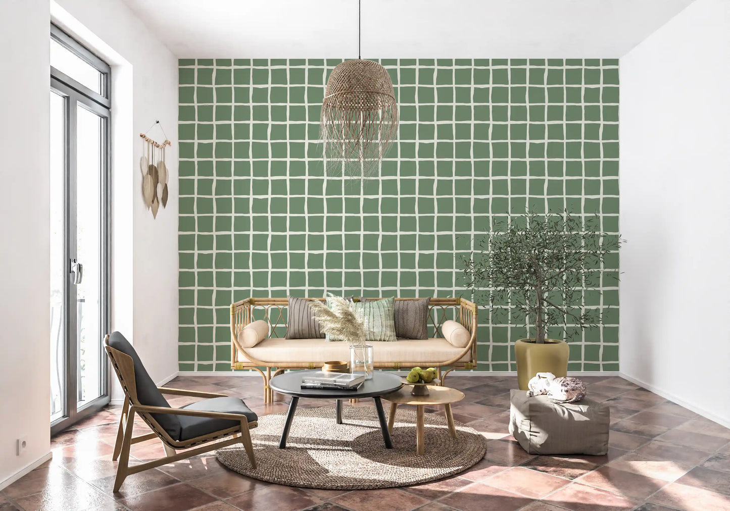 Tonal sage green wavy grid wallpaper with crisp white lines.