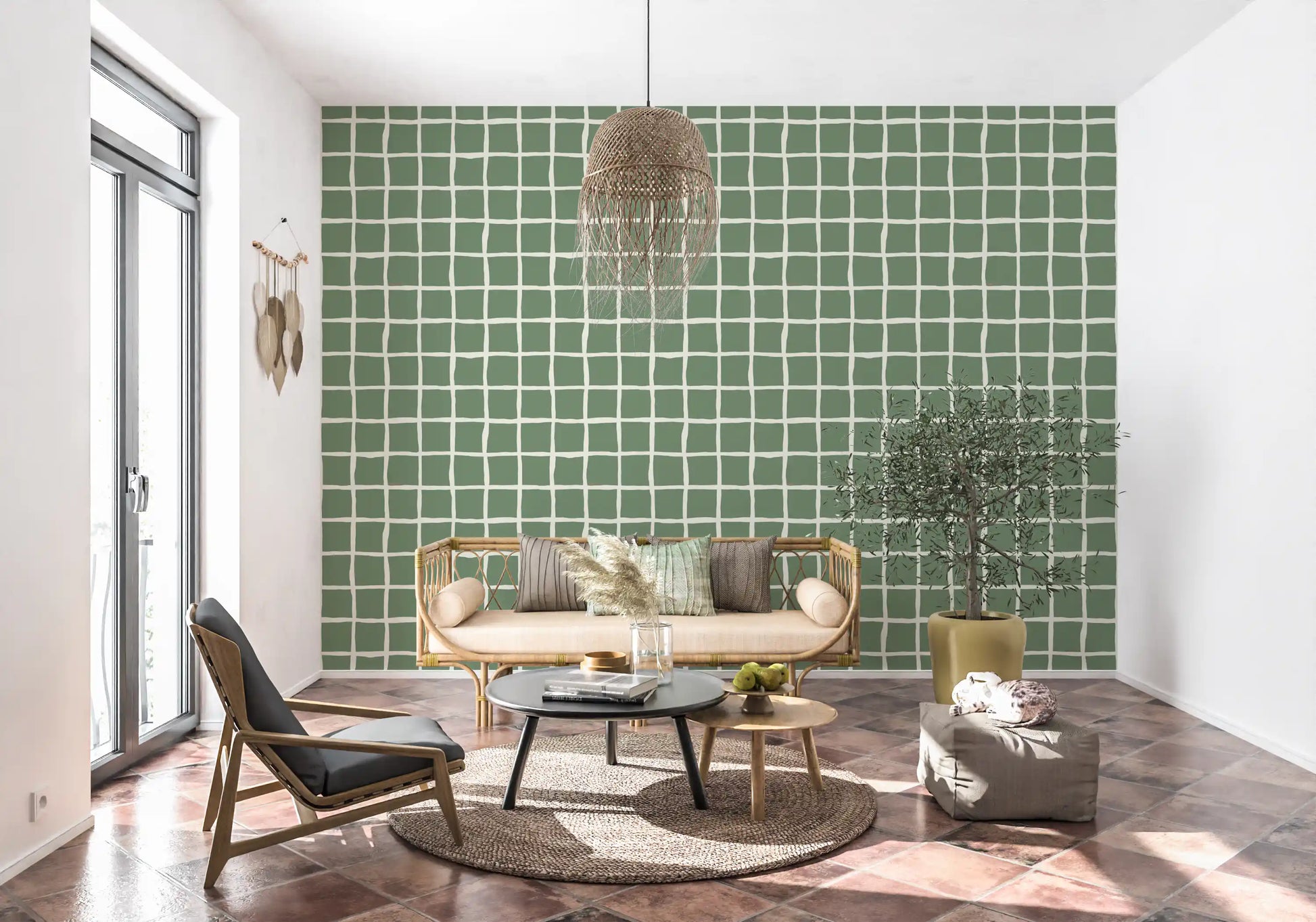 Tonal sage green wavy grid wallpaper with crisp white lines.