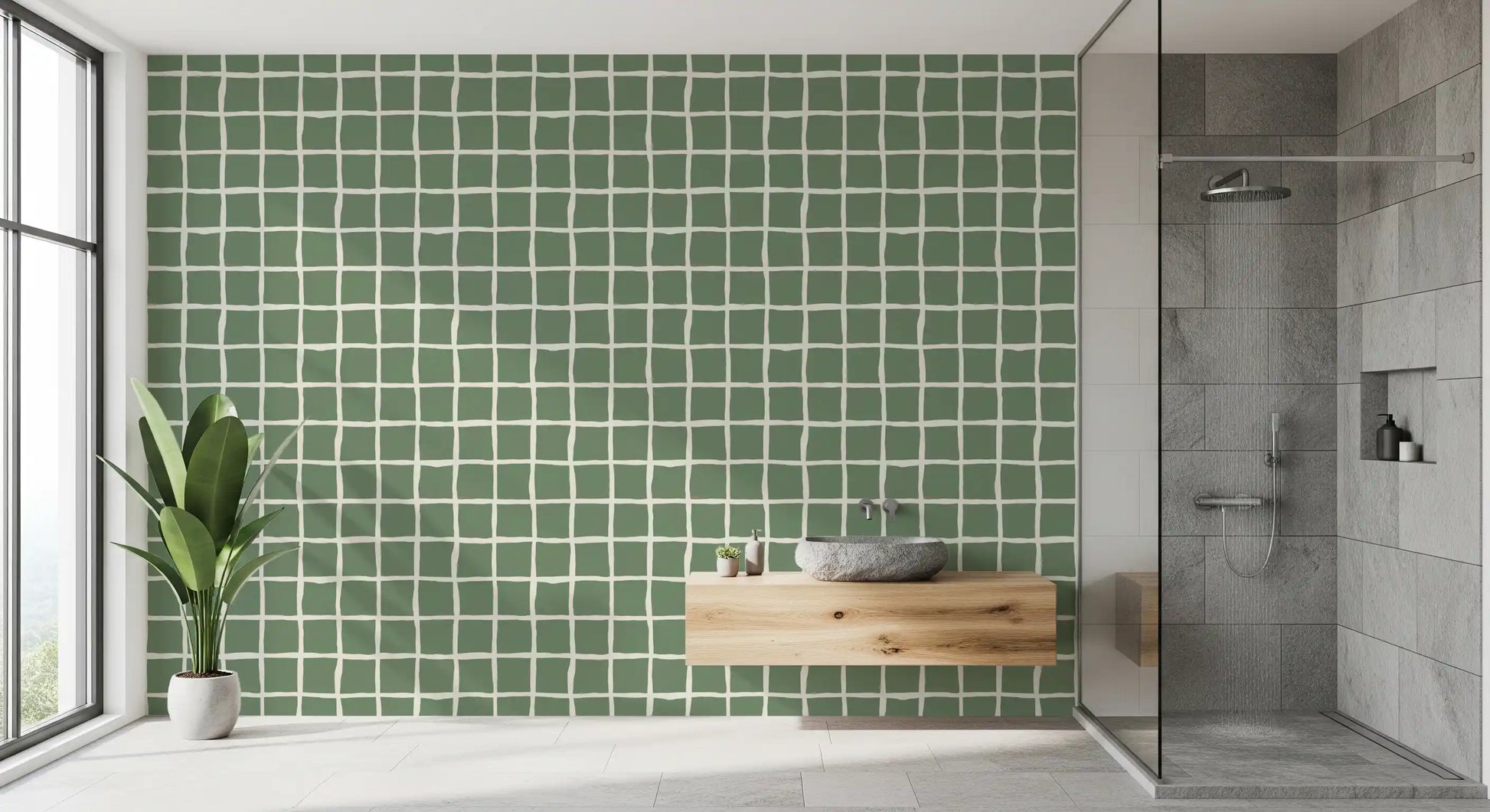 Geometric sage grid wallpaper with uneven organic squares in bathroom.
