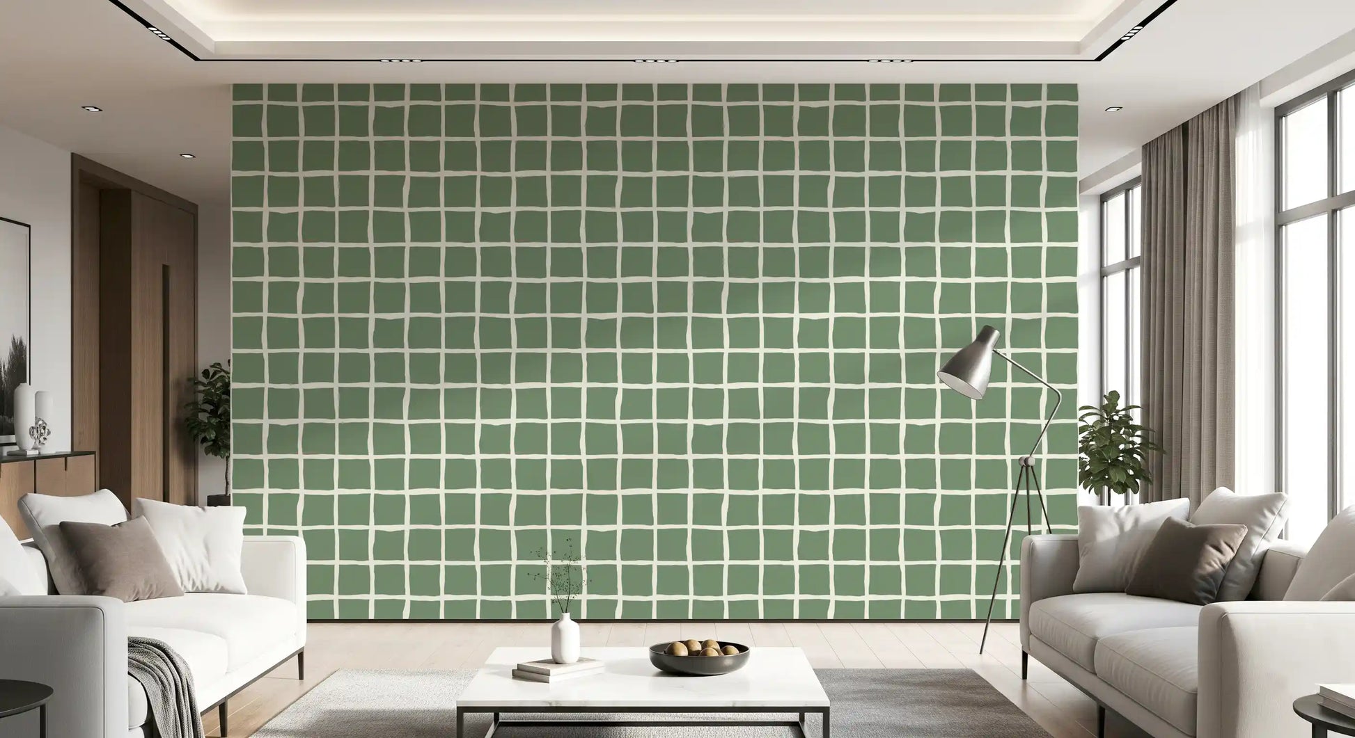Wavy white lines forming irregular grid on sage green wallpaper.