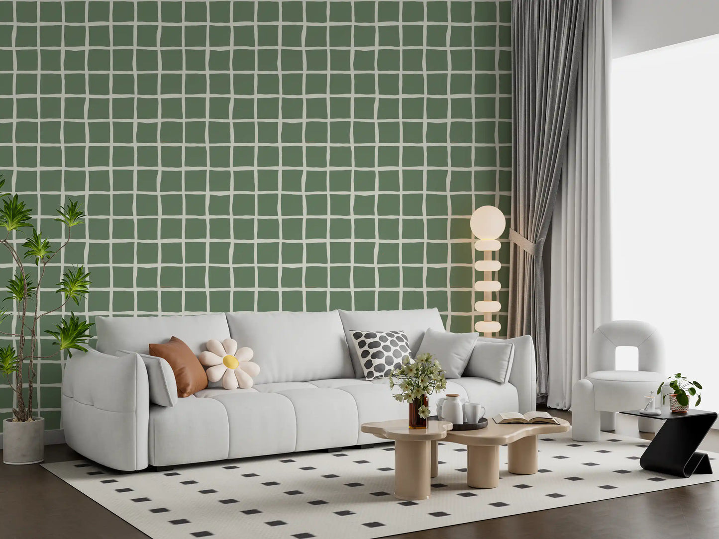 Sage green wavy grid wallpaper in a contemporary living room.