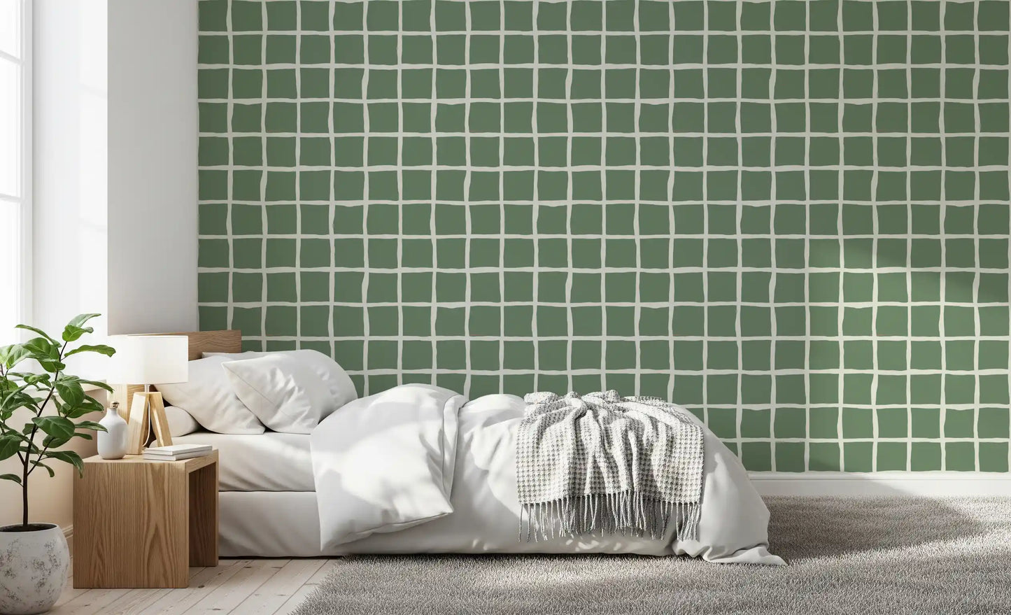 White wavy lines on medium sage green background wallpaper for bedroom.
