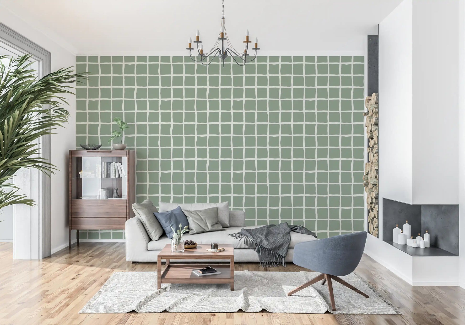 Wallpaper showing sage green wavy grid pattern with white lines.