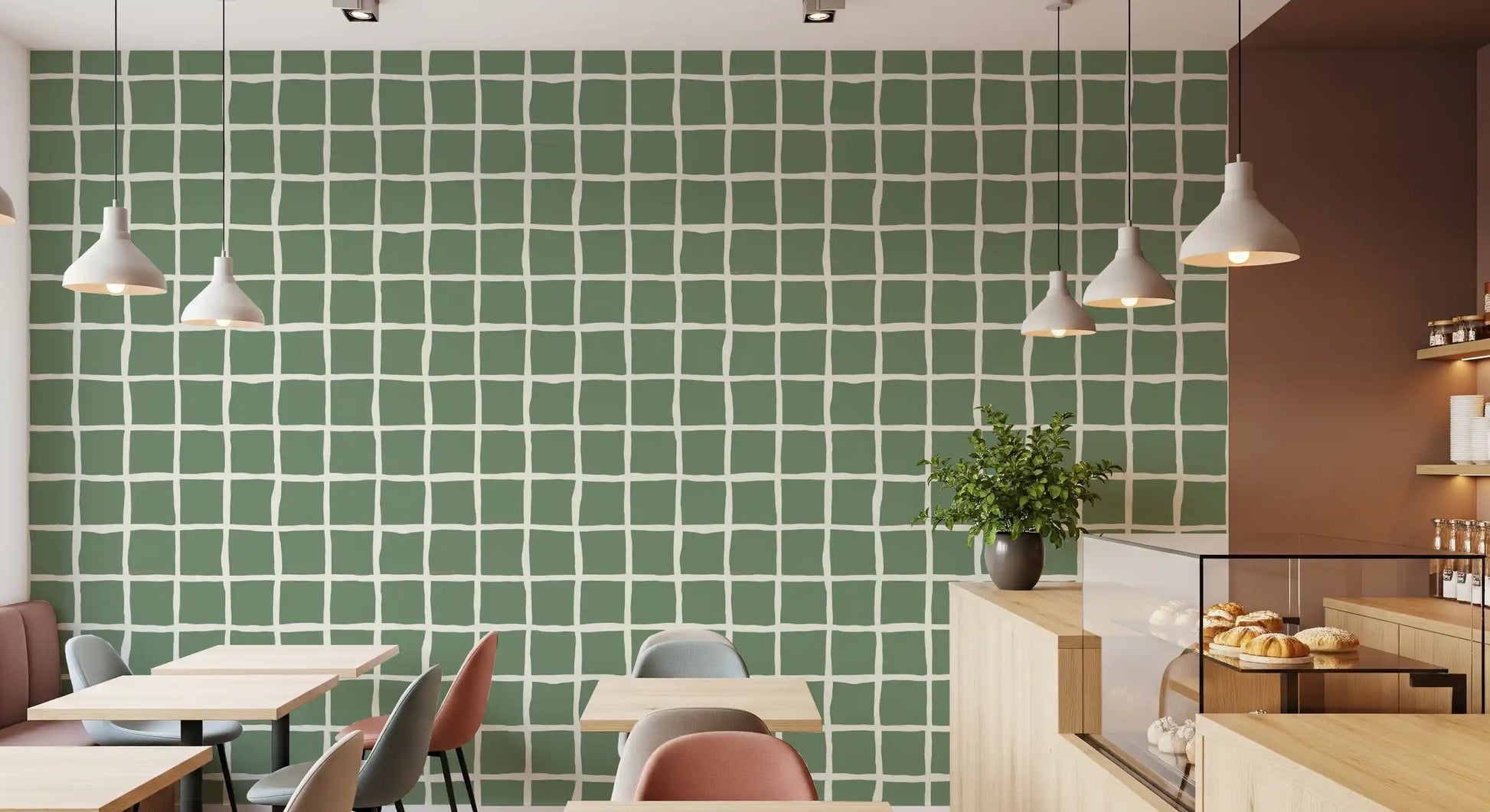Mid century geometric grid pattern wallpaper in sage tones.