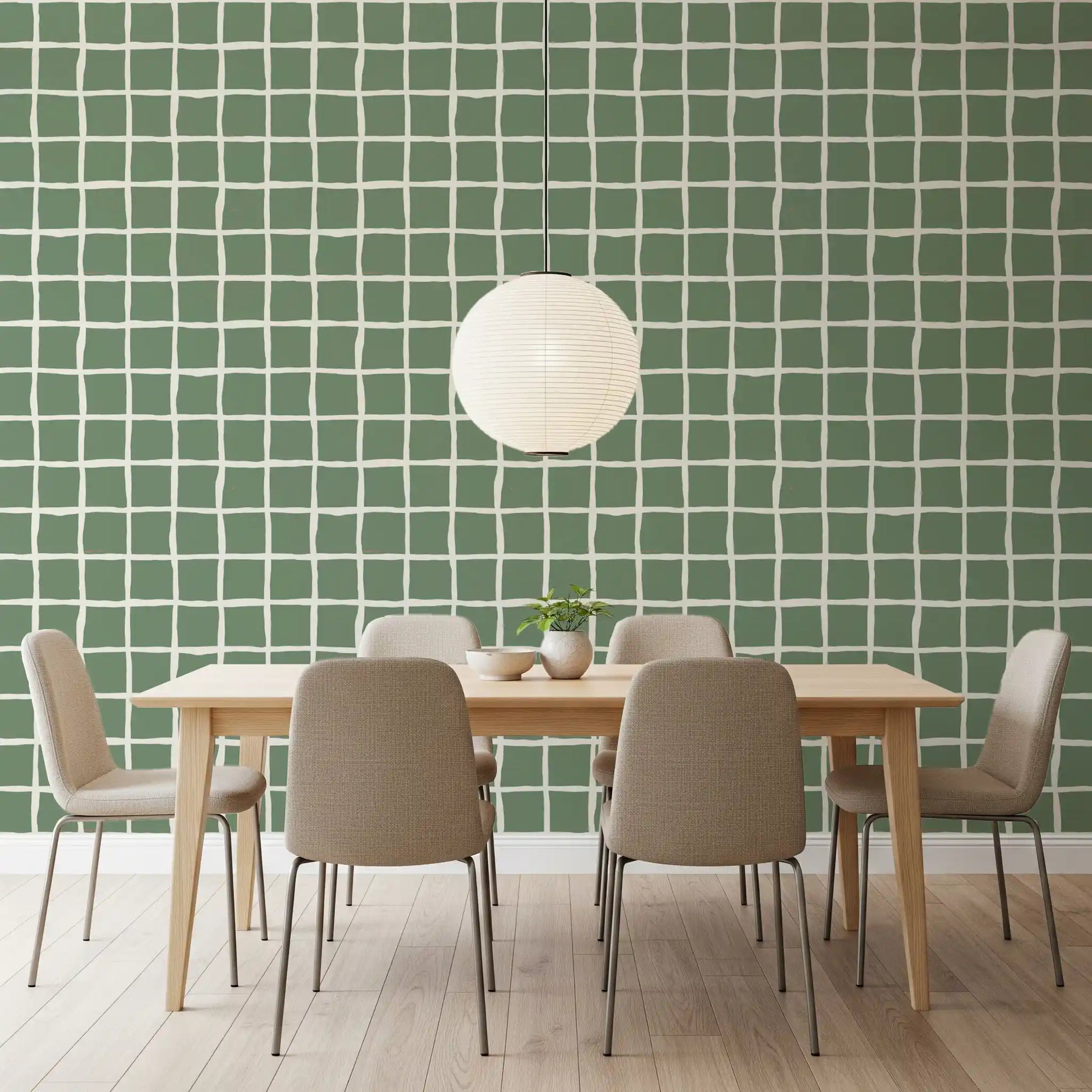 Mid century wallpaper with freeform grid in sage and white.