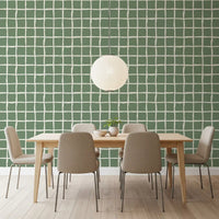 Mid century wallpaper with freeform grid in sage and white.