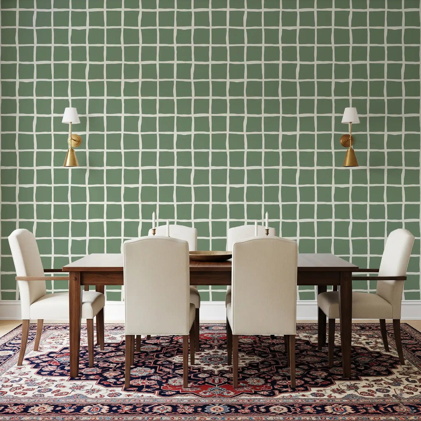 Muted sage and off-white grid pattern wallpaper in dining room.