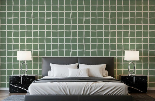 Mid century sage grid pattern wallpaper in a bedroom interior.