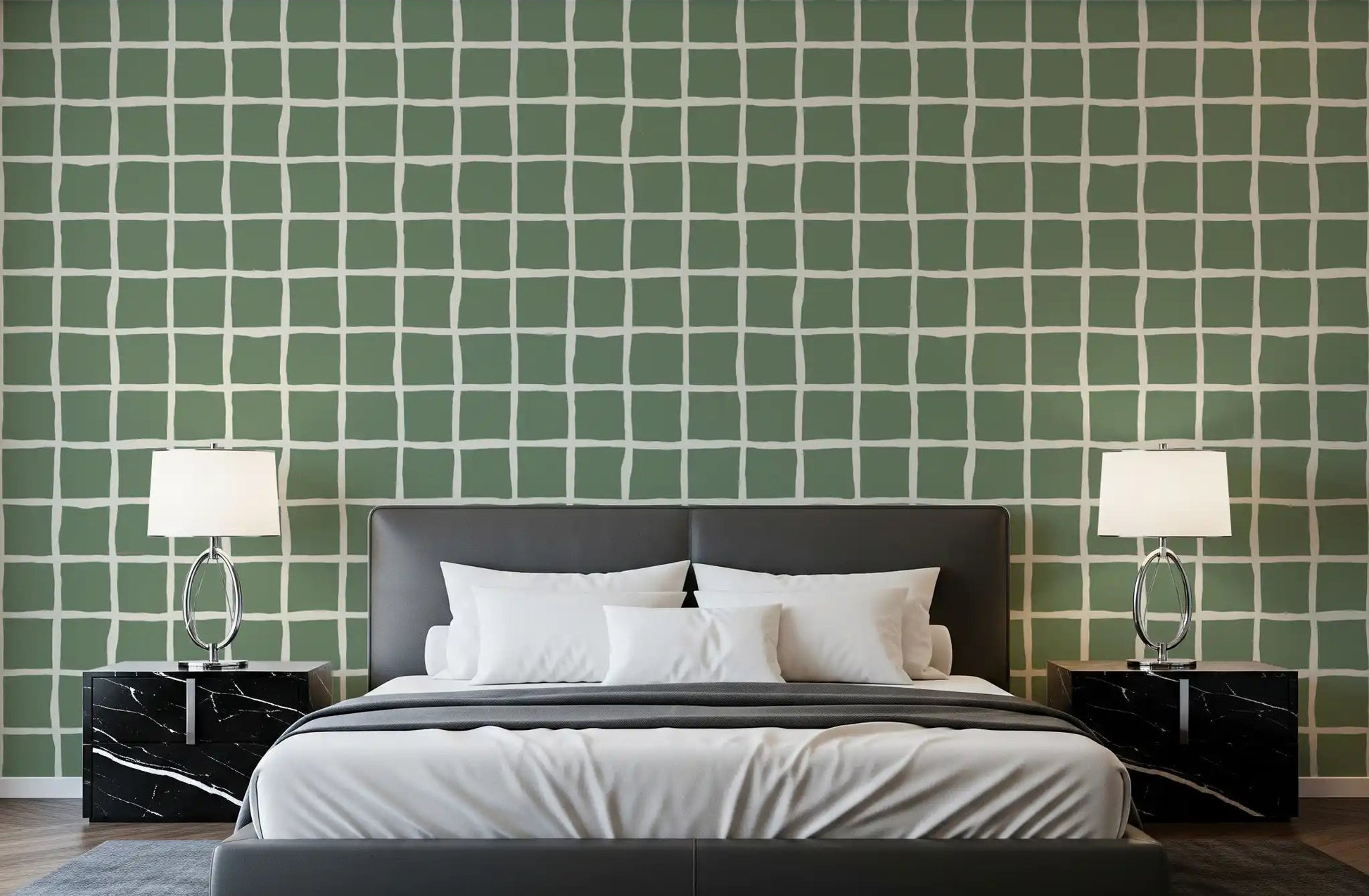 Mid century sage grid pattern wallpaper in a bedroom interior.