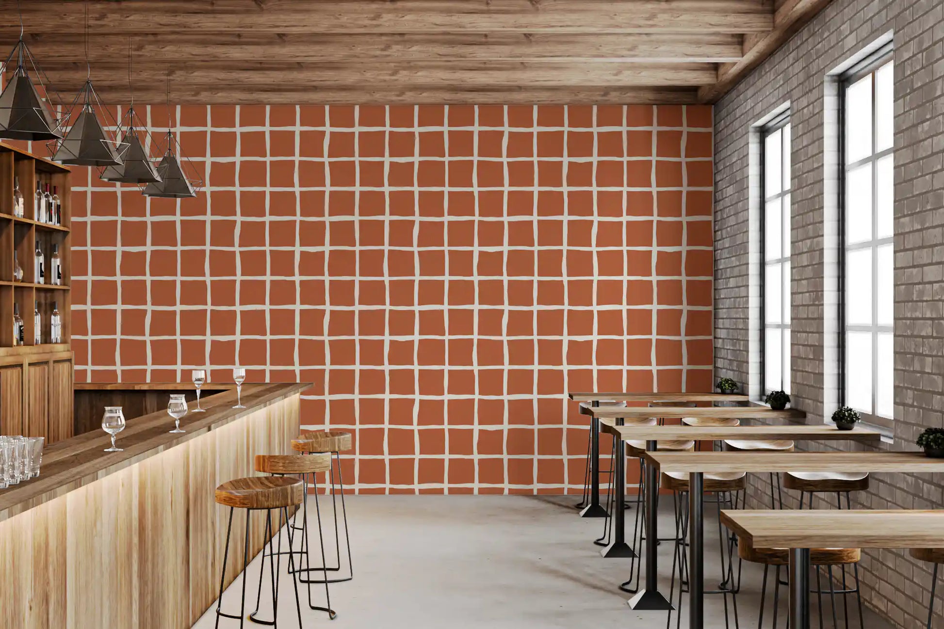 Mid century wallpaper with freeform grid in terracotta tones.