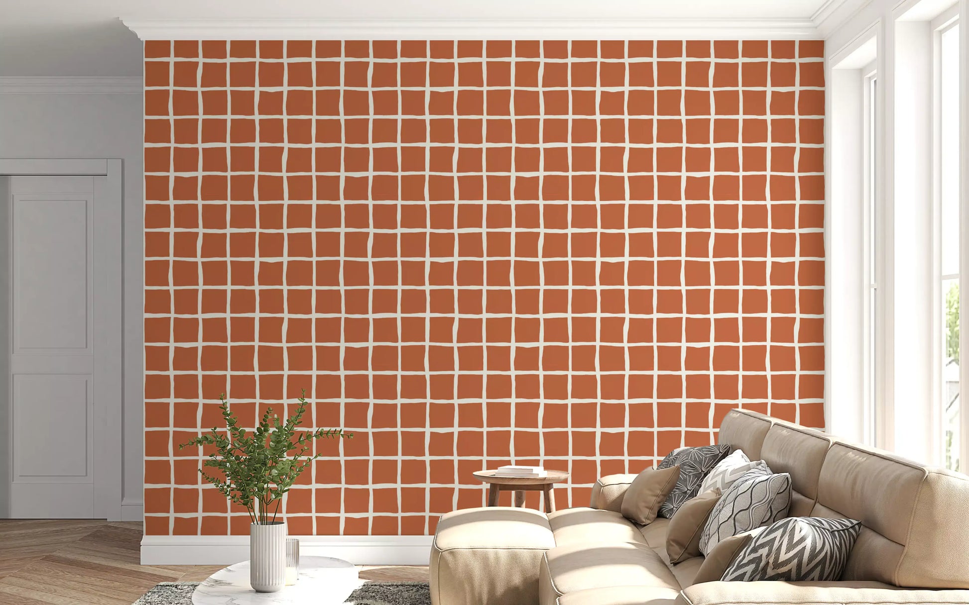 Wavy cream lines forming irregular grid on terracotta wallpaper.