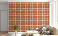 Wavy cream lines forming irregular grid on terracotta wallpaper.