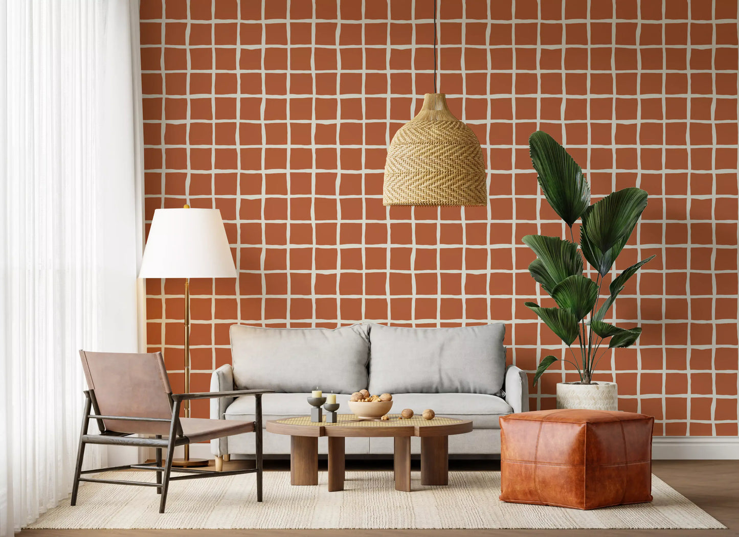 Geometric terracotta grid wallpaper with uneven square shapes.
