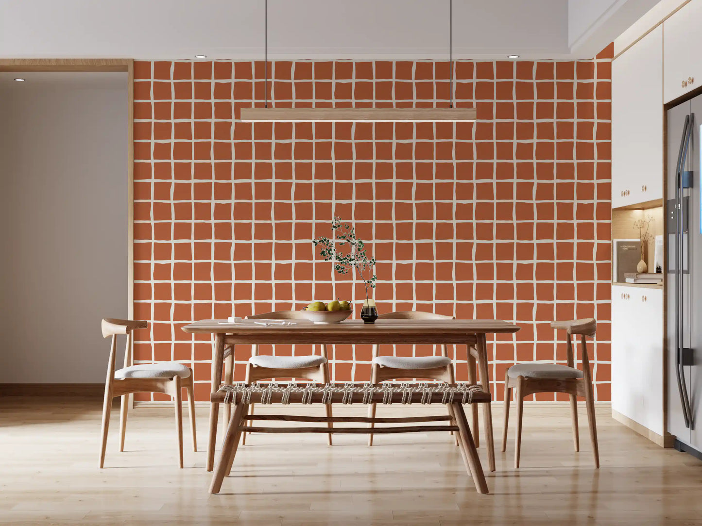 Warm terracotta wavy grid wallpaper with organic line spacing in dining area.