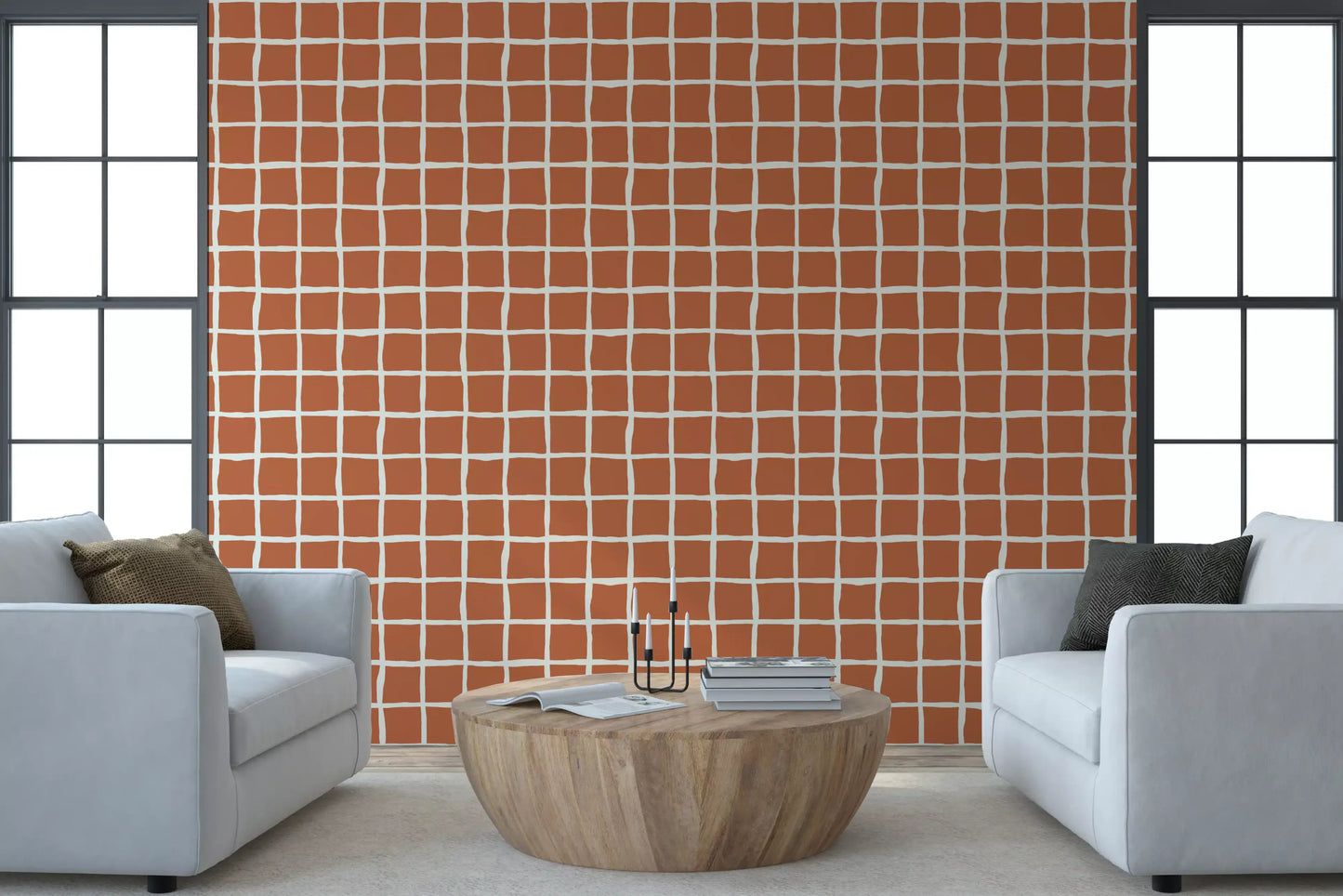 Cream wavy lines on rich terracotta background wallpaper.