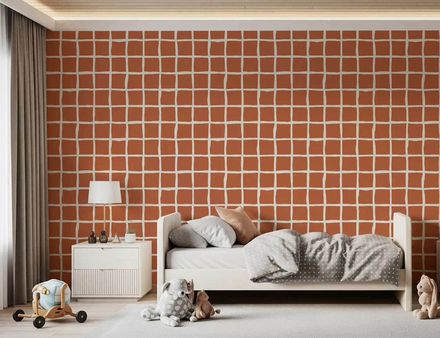 Mid century terracotta grid pattern wallpaper in a bedroom.