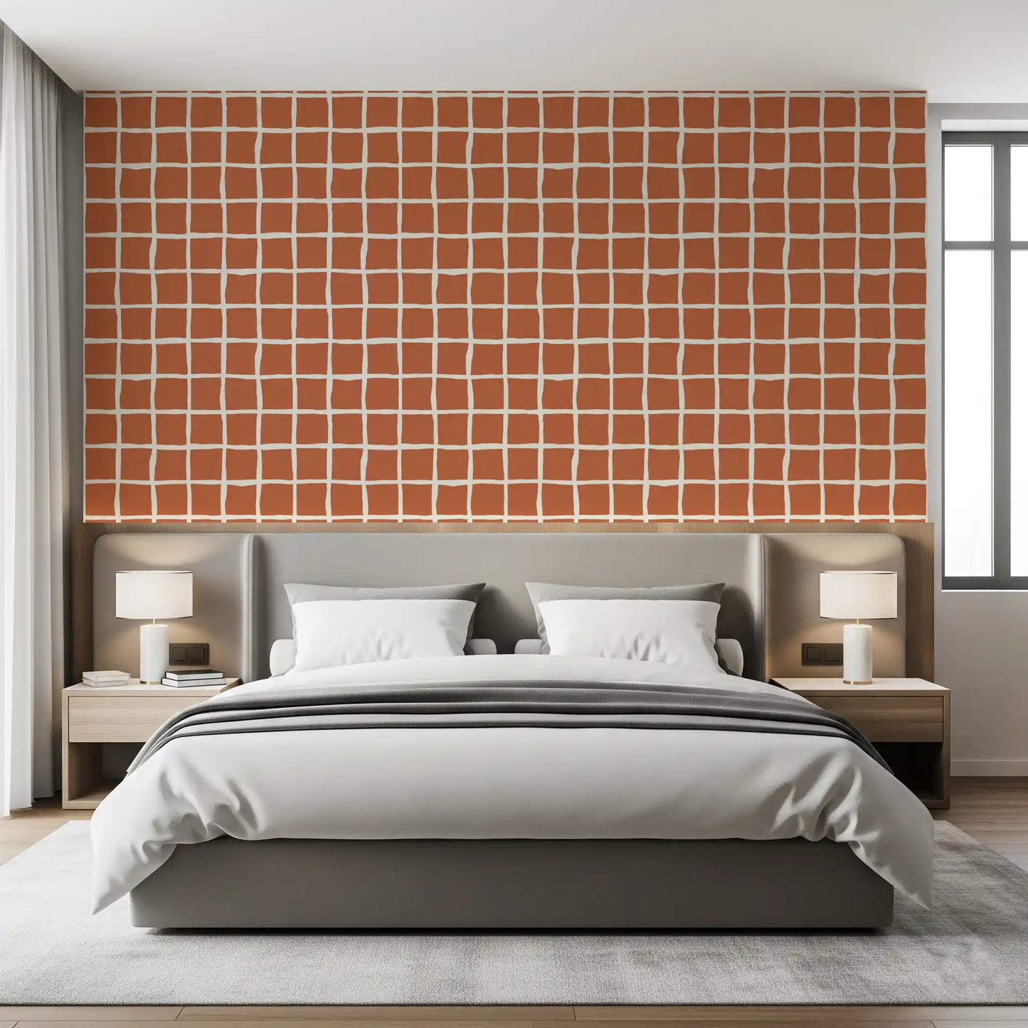 Mid century geometric grid pattern wallpaper in terracotta tone for bedroom.