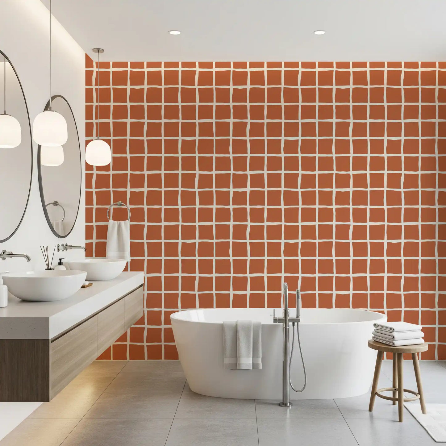 Mid century terracotta grid wallpaper in bathroom with organic lines.