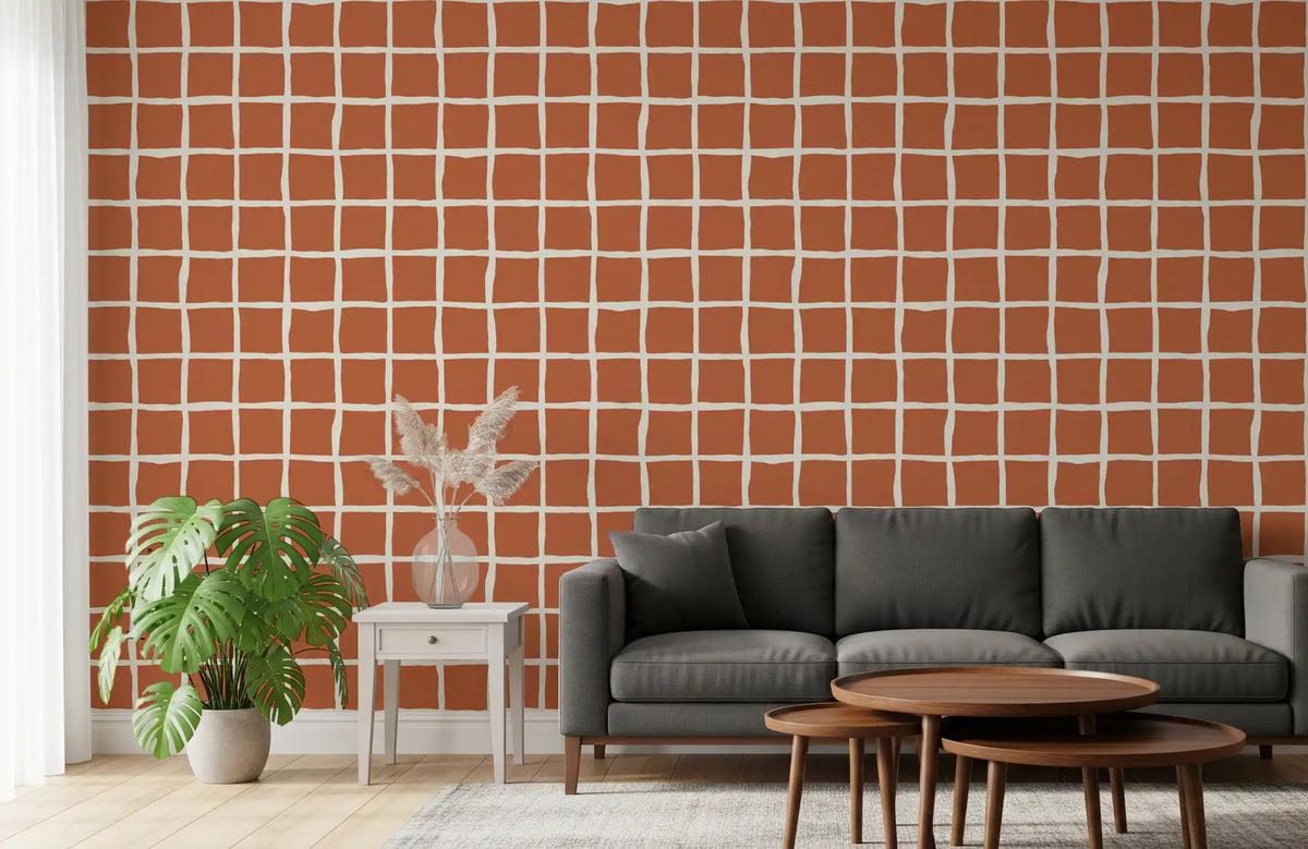 Terracotta wavy grid wallpaper in a contemporary living room., GD10579