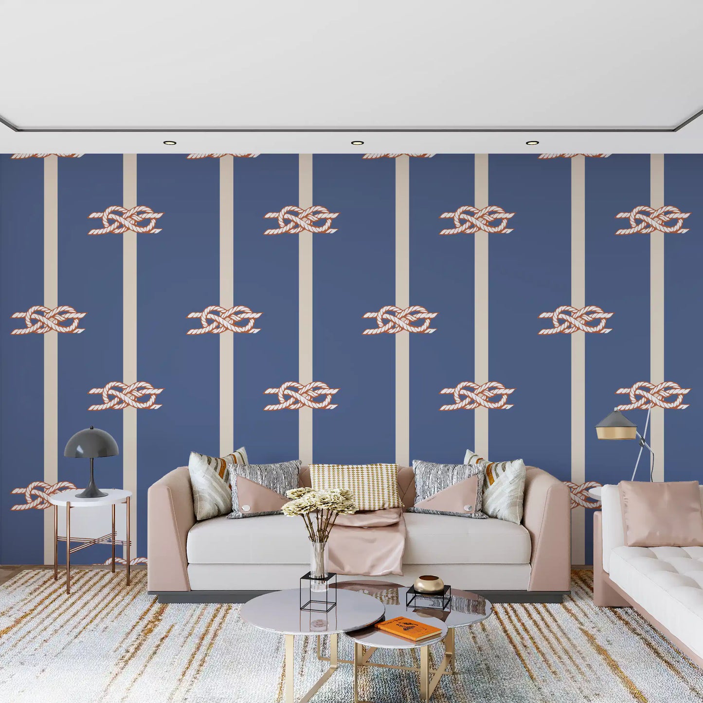 Nautical rope knot motifs on dusty blue wallpaper with cream vertical stripes.