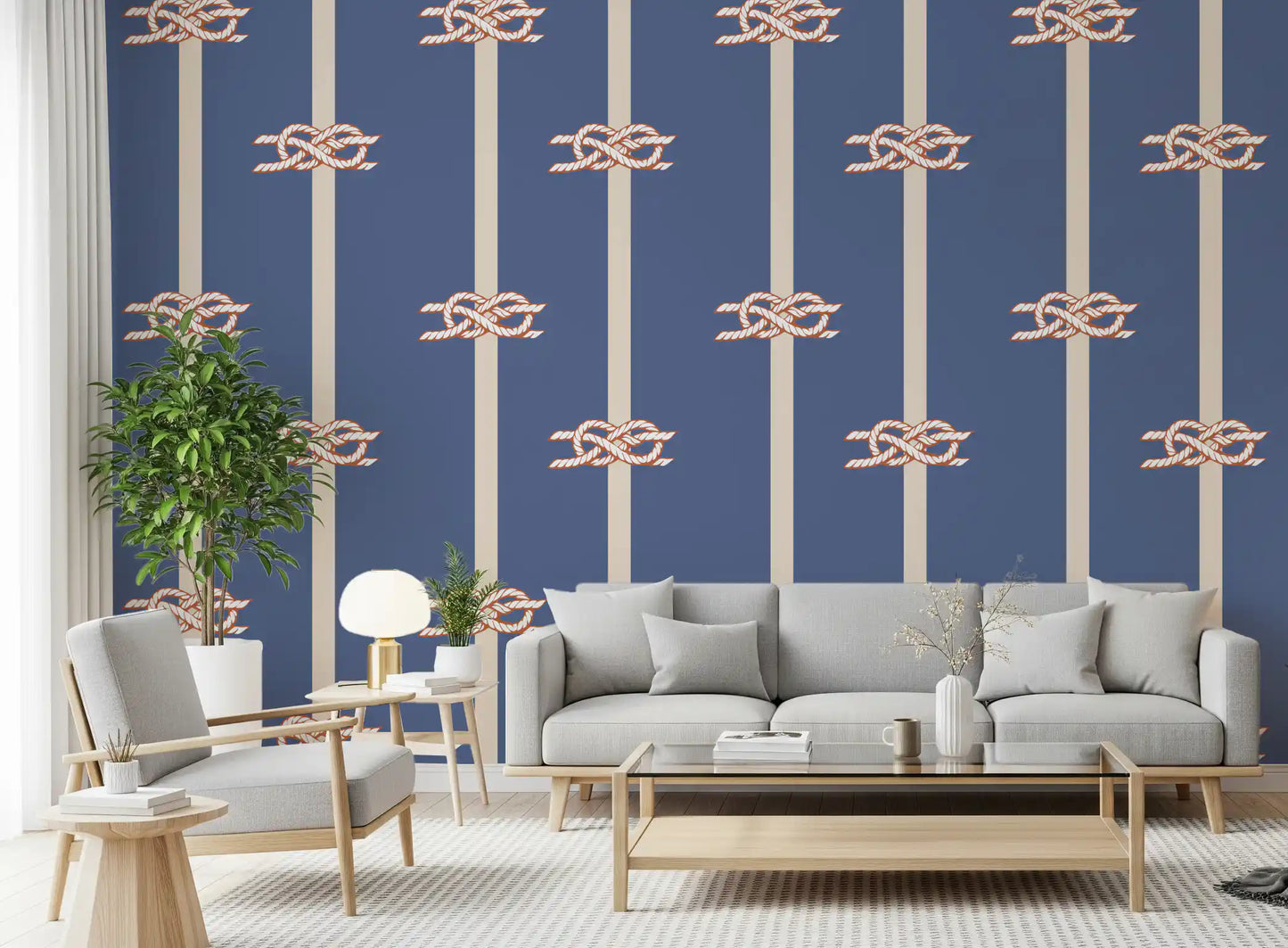Blue and cream striped wallpaper with repeating nautical rope knot motifs.
