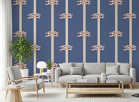 Blue and cream striped wallpaper with repeating nautical rope knot motifs.