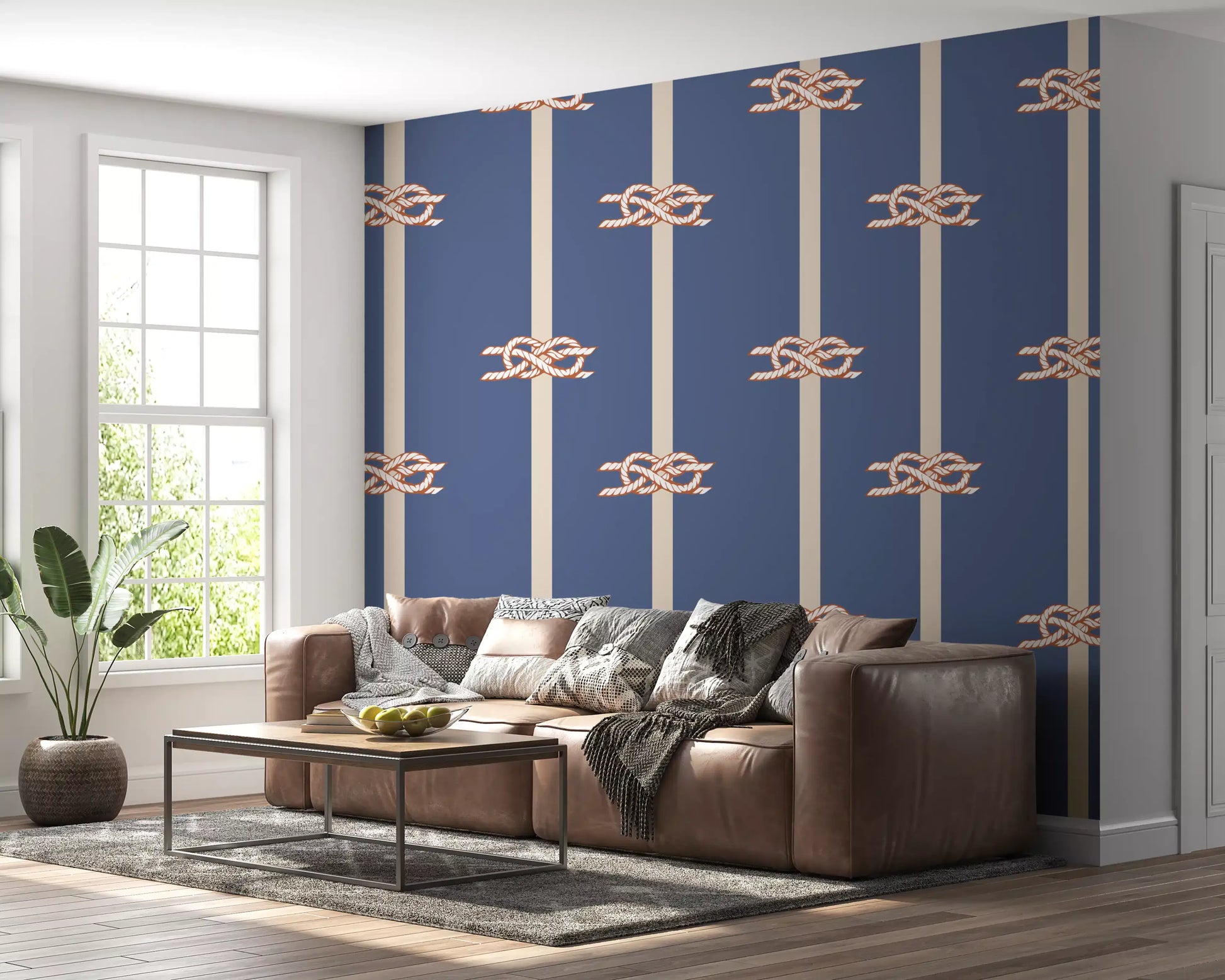 Repeating nautical rope and stripe wallpaper in dusty blue and cream.