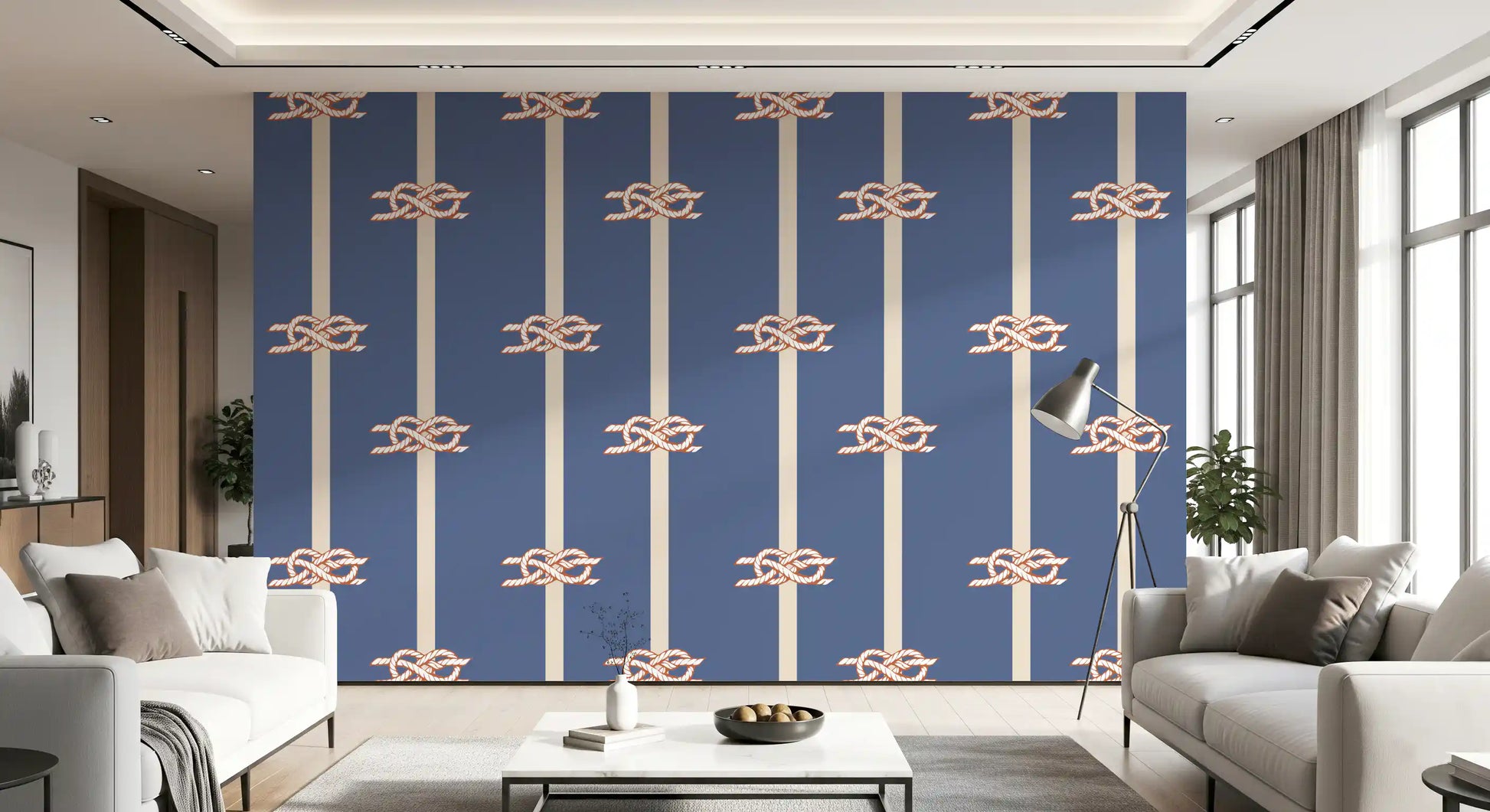 Nautical wallpaper pattern showing rope knots on vertical cream stripes.