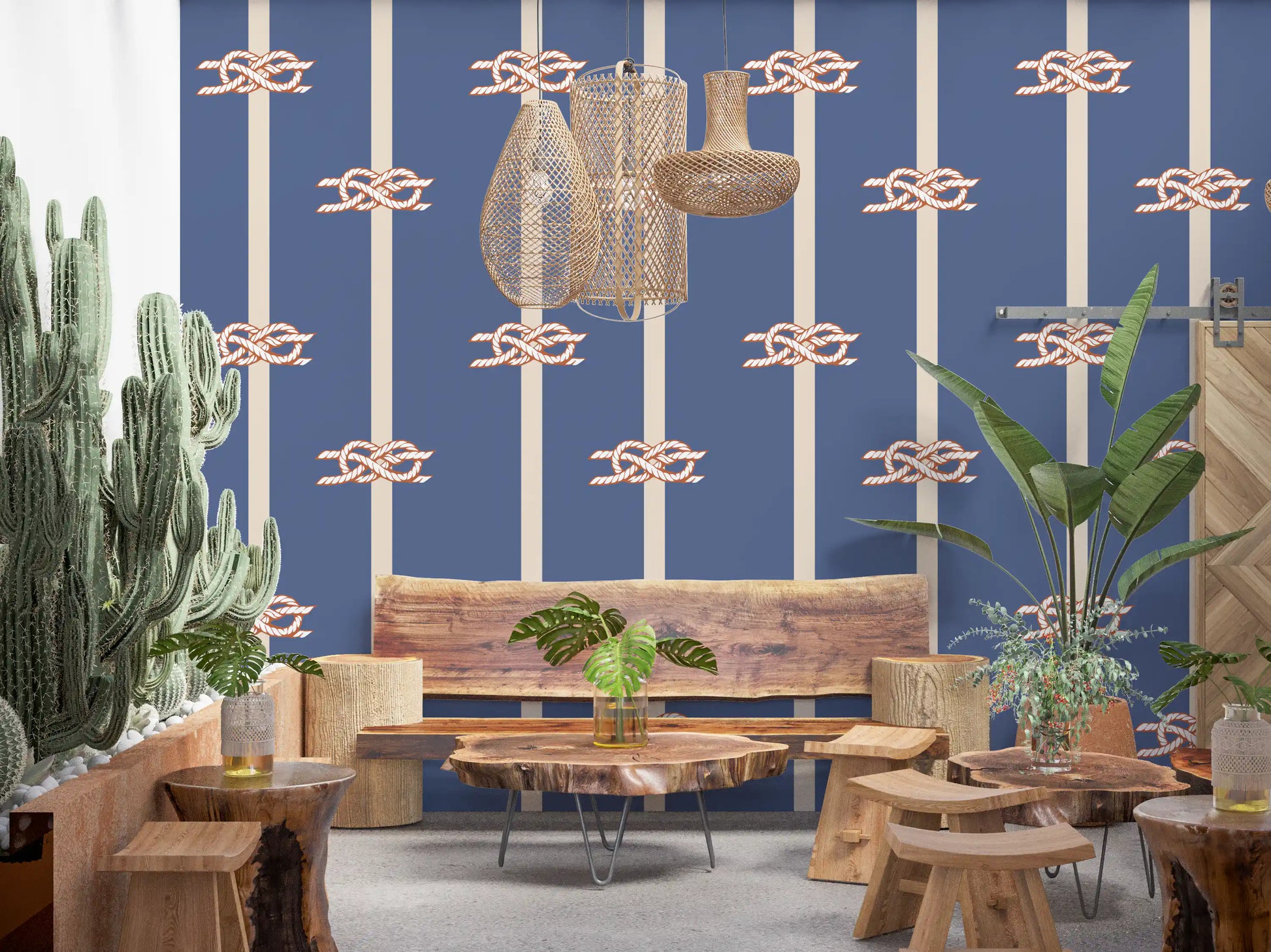 Dusty blue wallpaper with terracotta sailor knots and cream stripe bands.